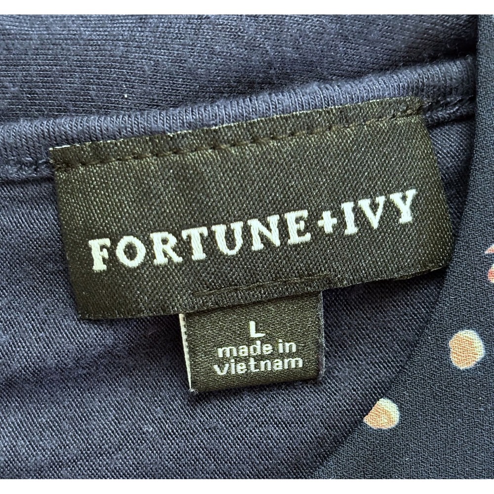 FORTUNE + IVY - Navy Polka Dot Keyhole Cap Sleeve Tie Back Blouse Women's Size L - Picture 10 of 13